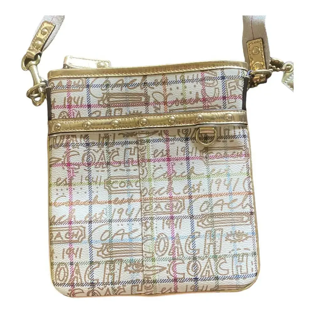 COACH Script Signature Graffiti Small Crossbody Bag Khaki Metallic Canvas Y2K